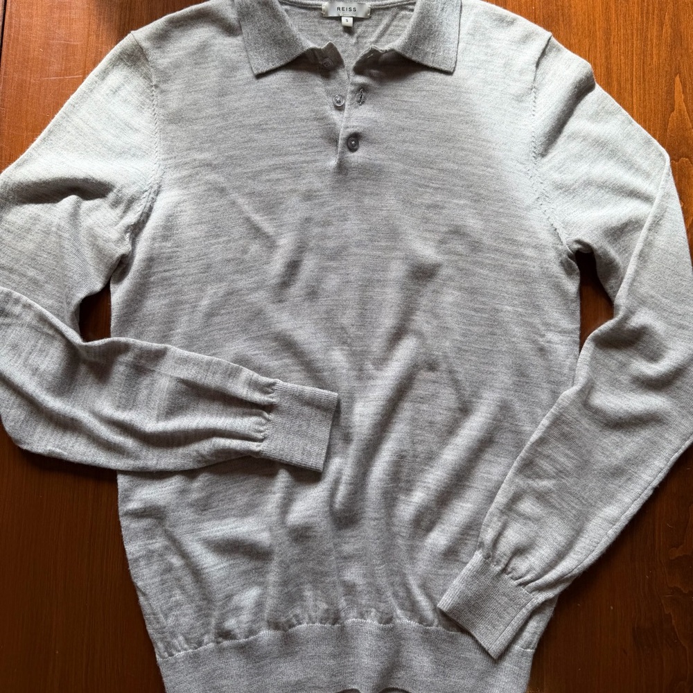 REISS 100% Merino Wool Long Sleeve Polo Shirt Gray